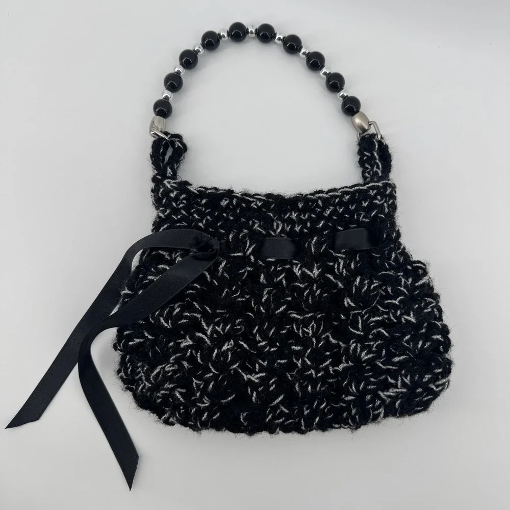 Black & White Crochet Beaded Handle Purse Ribbon‎ Detail Handbag Evening Bag